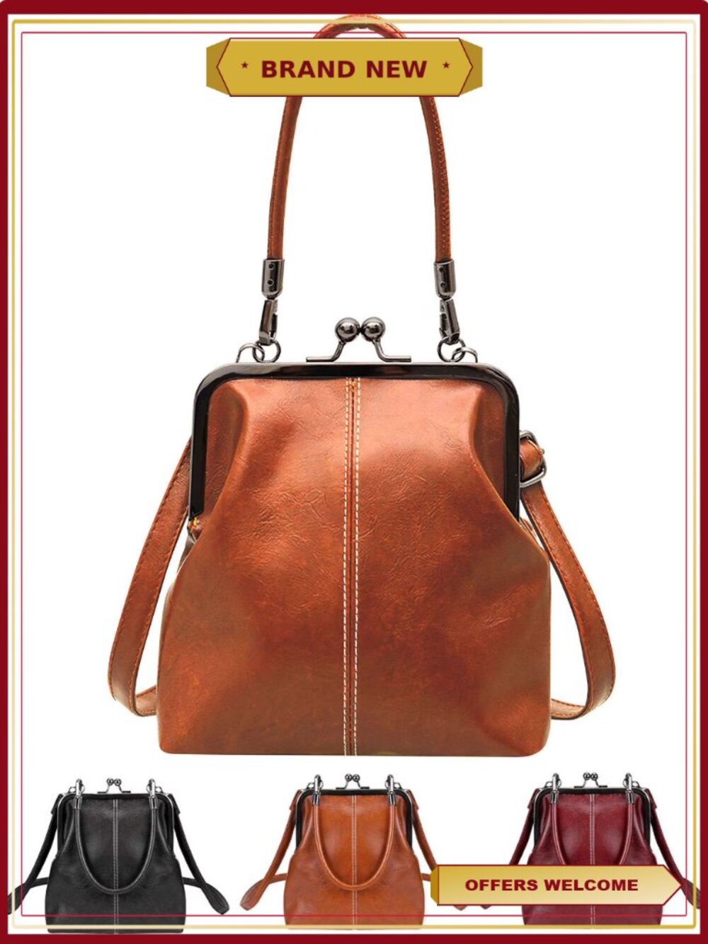 Kiss Lock Crossbody Bag Retro PU Leather Purse Shoulder Handbag